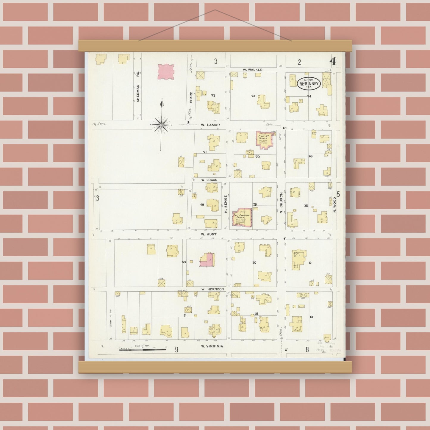 Old map wall art mockup — magnetic wood frame on brick wall — Sanborn Fire Insurance Map from McKinney, Collin County, Texas (1908), Sheet #0004