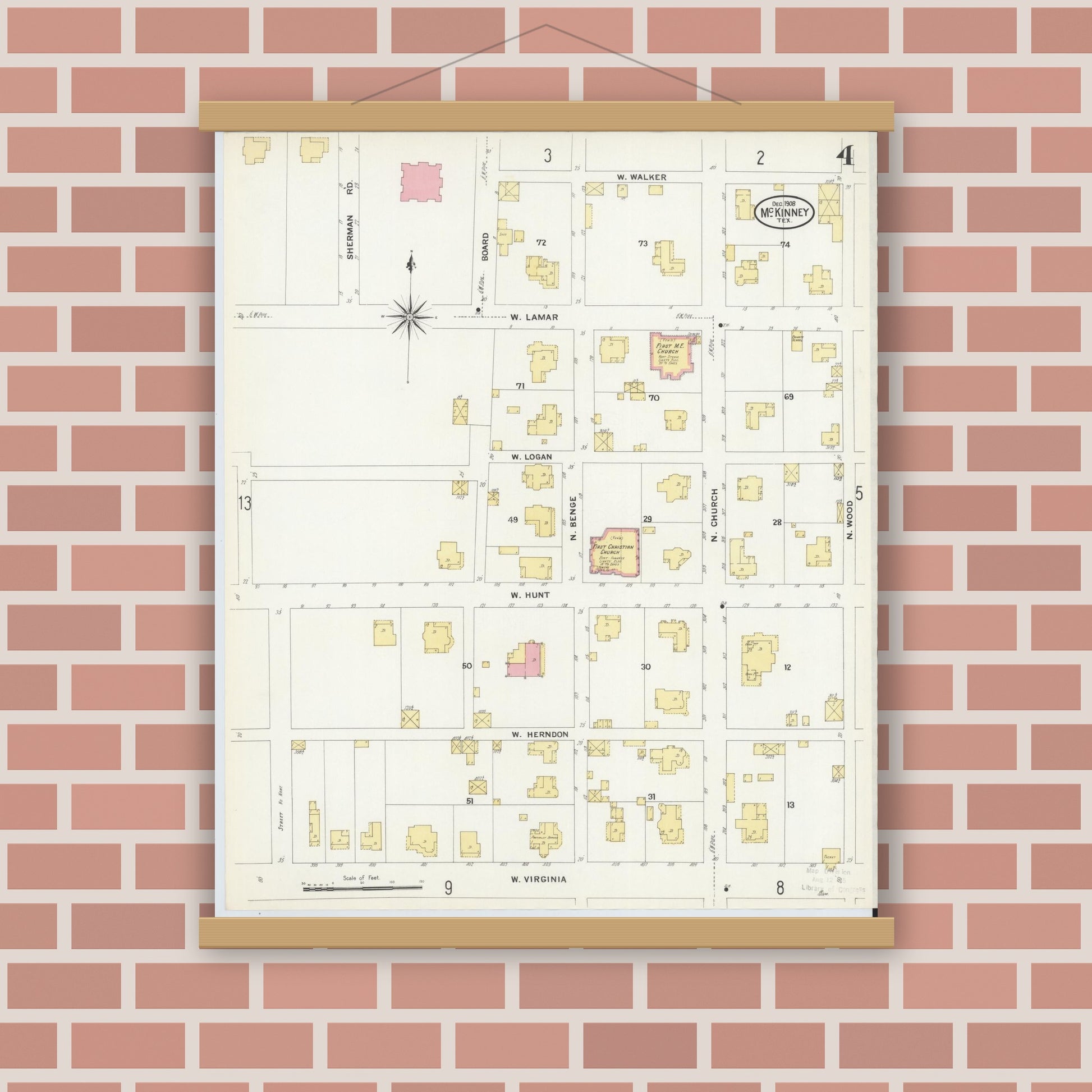 Old map wall art mockup — magnetic wood frame on brick wall — Sanborn Fire Insurance Map from McKinney, Collin County, Texas (1908), Sheet #0004