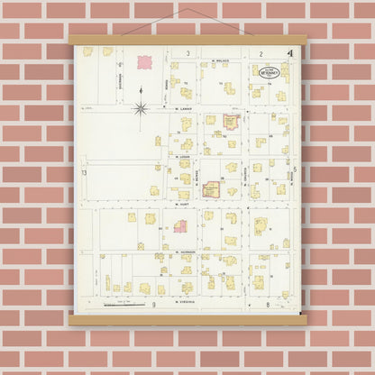 Old map wall art mockup — magnetic wood frame on brick wall — Sanborn Fire Insurance Map from McKinney, Collin County, Texas (1908), Sheet #0004