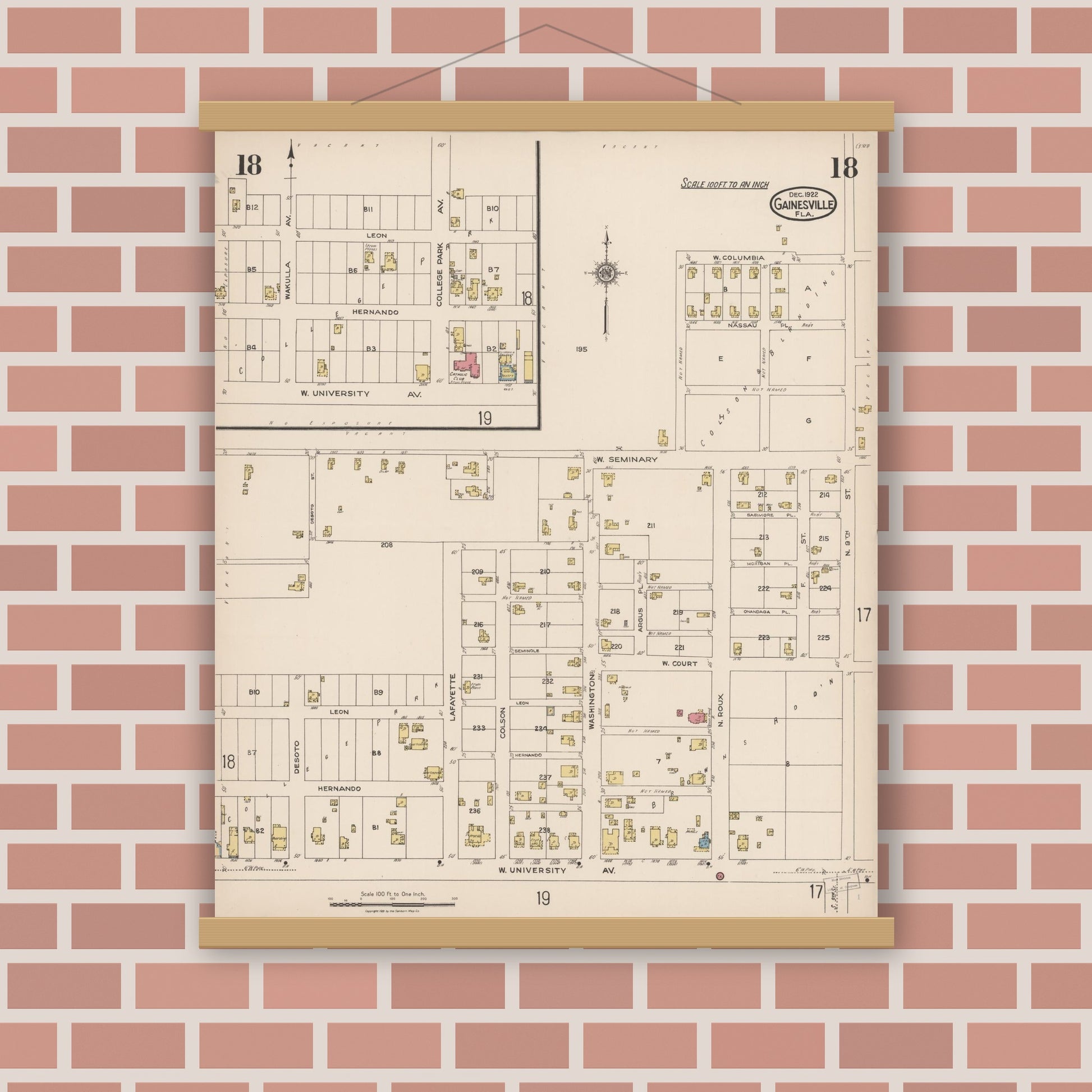 Old map wall art mockup — magnetic wood frame on brick wall — Sanborn Fire Insurance Map from Gainesville, Alachua County, Florida (1922), Sheet #0018