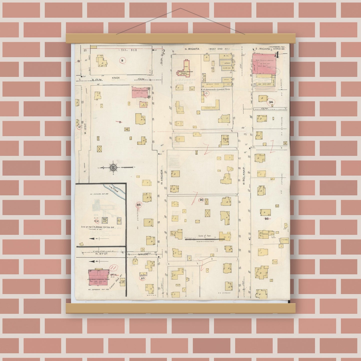 Old map wall art mockup — magnetic wood frame on brick wall — Sanborn Fire Insurance Map from Jacksboro, Jack County, Texas (1942), Sheet #0004