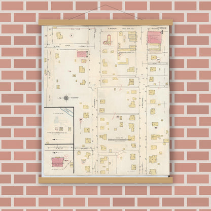 Old map wall art mockup — magnetic wood frame on brick wall — Sanborn Fire Insurance Map from Jacksboro, Jack County, Texas (1942), Sheet #0004