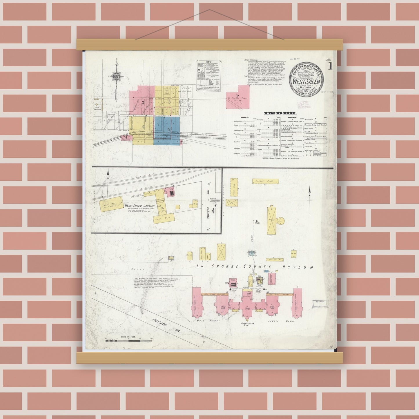 Old map wall art mockup — magnetic wood frame on brick wall — Sanborn Fire Insurance Map from West Salem, La Crosse County, Wisconsin (1910) - Complete Map Set