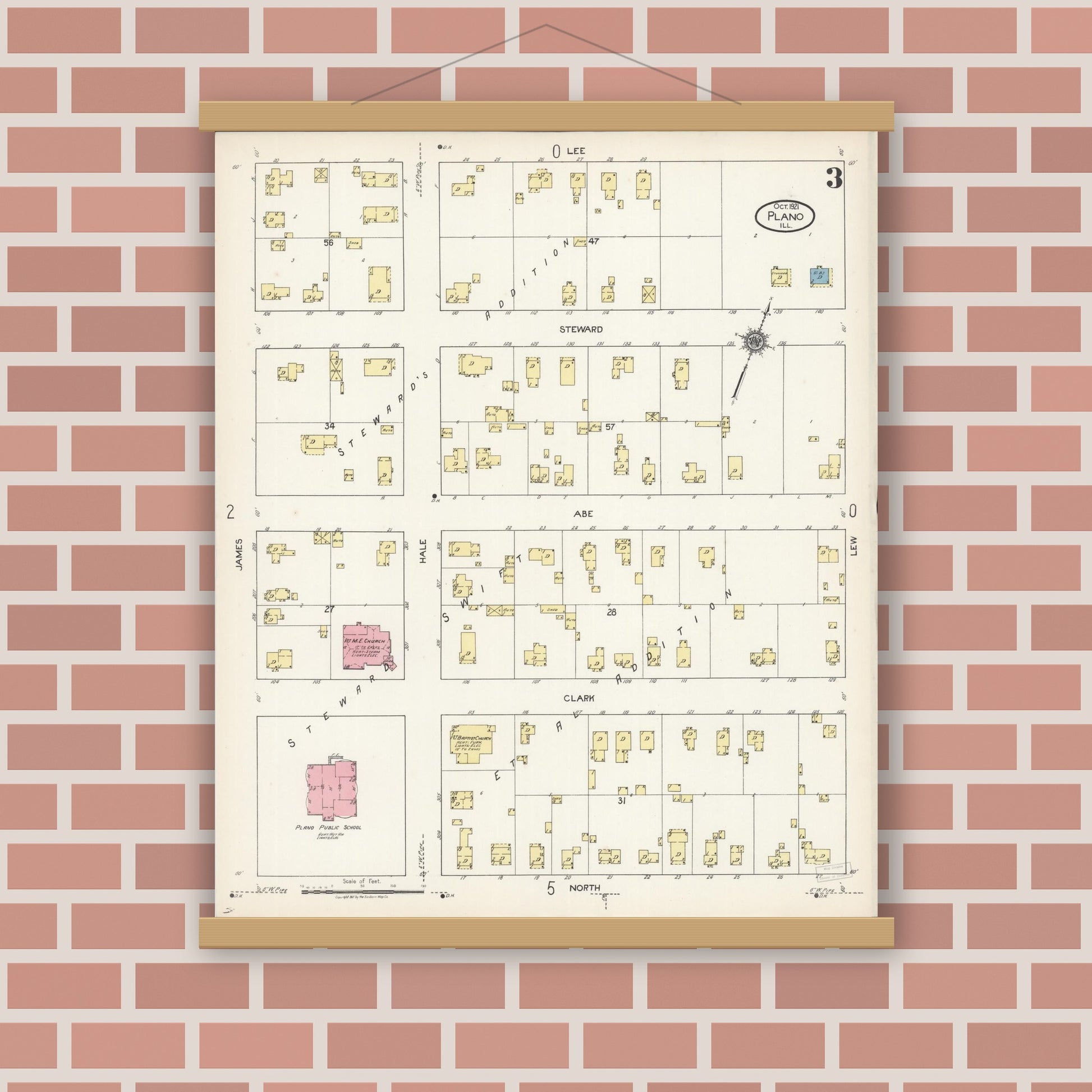 Old map wall art mockup — magnetic wood frame on brick wall — Sanborn Fire Insurance Map from Plano, Kendall County, Illinois (1921), Sheet #0003