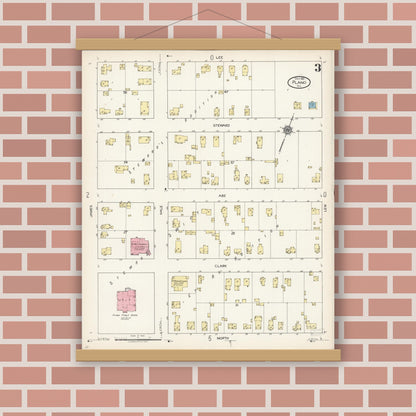 Old map wall art mockup — magnetic wood frame on brick wall — Sanborn Fire Insurance Map from Plano, Kendall County, Illinois (1921), Sheet #0003