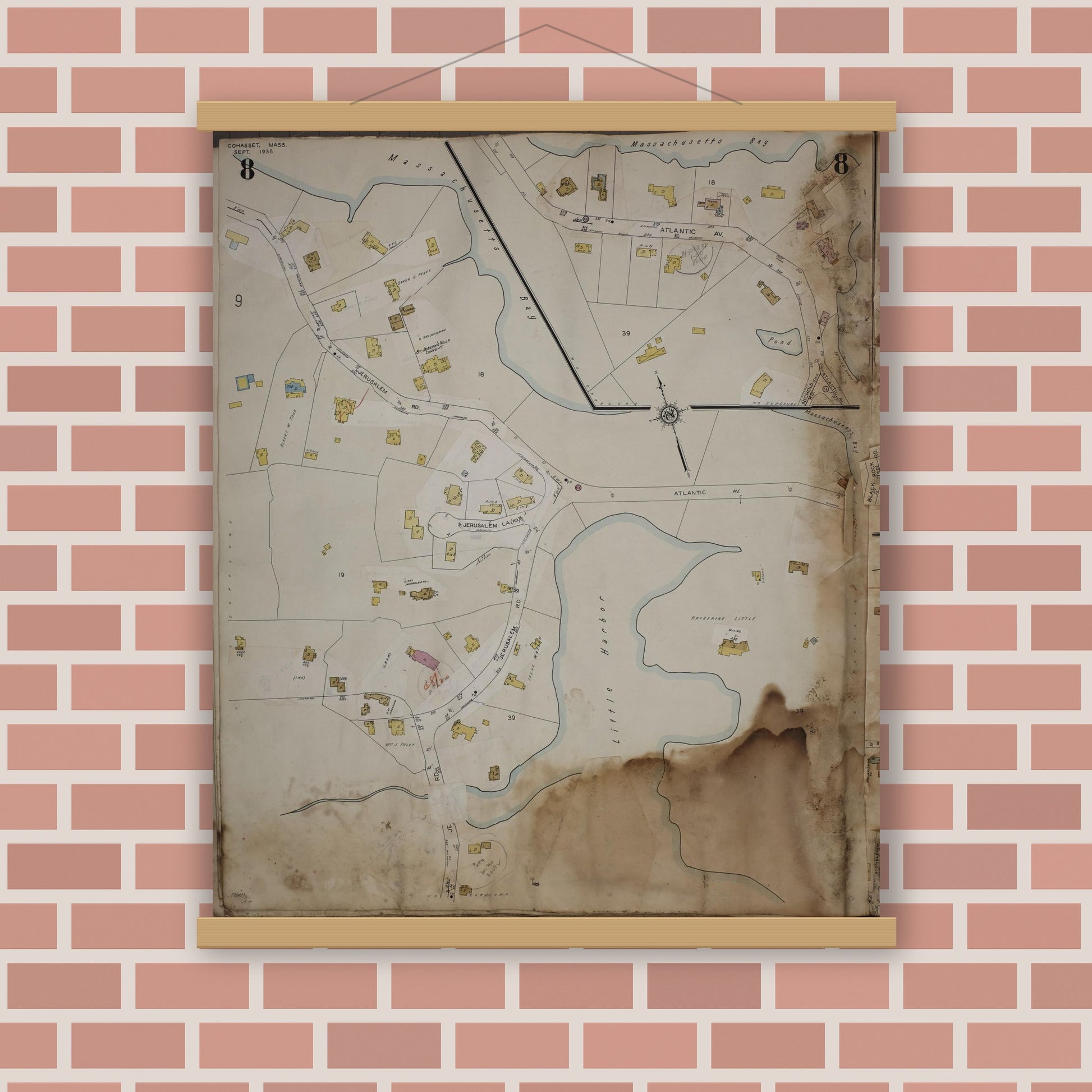 Old map wall art mockup — magnetic wood frame on brick wall — Sanborn Fire Insurance Map from Cohasset, Norfolk County, Massachusetts (1963), Sheet #0008