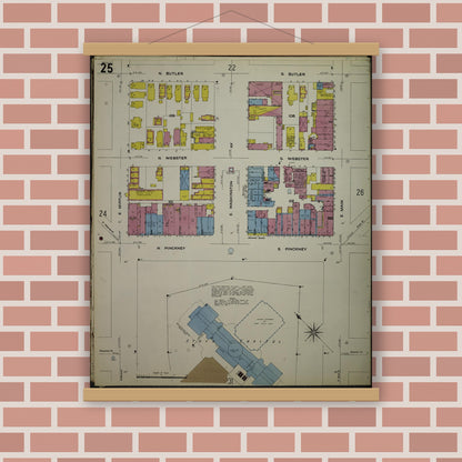 Old map wall art mockup — magnetic wood frame on brick wall — Sanborn Fire Insurance Map from Madison, Dane County, Wisconsin (1908), Sheet #0025