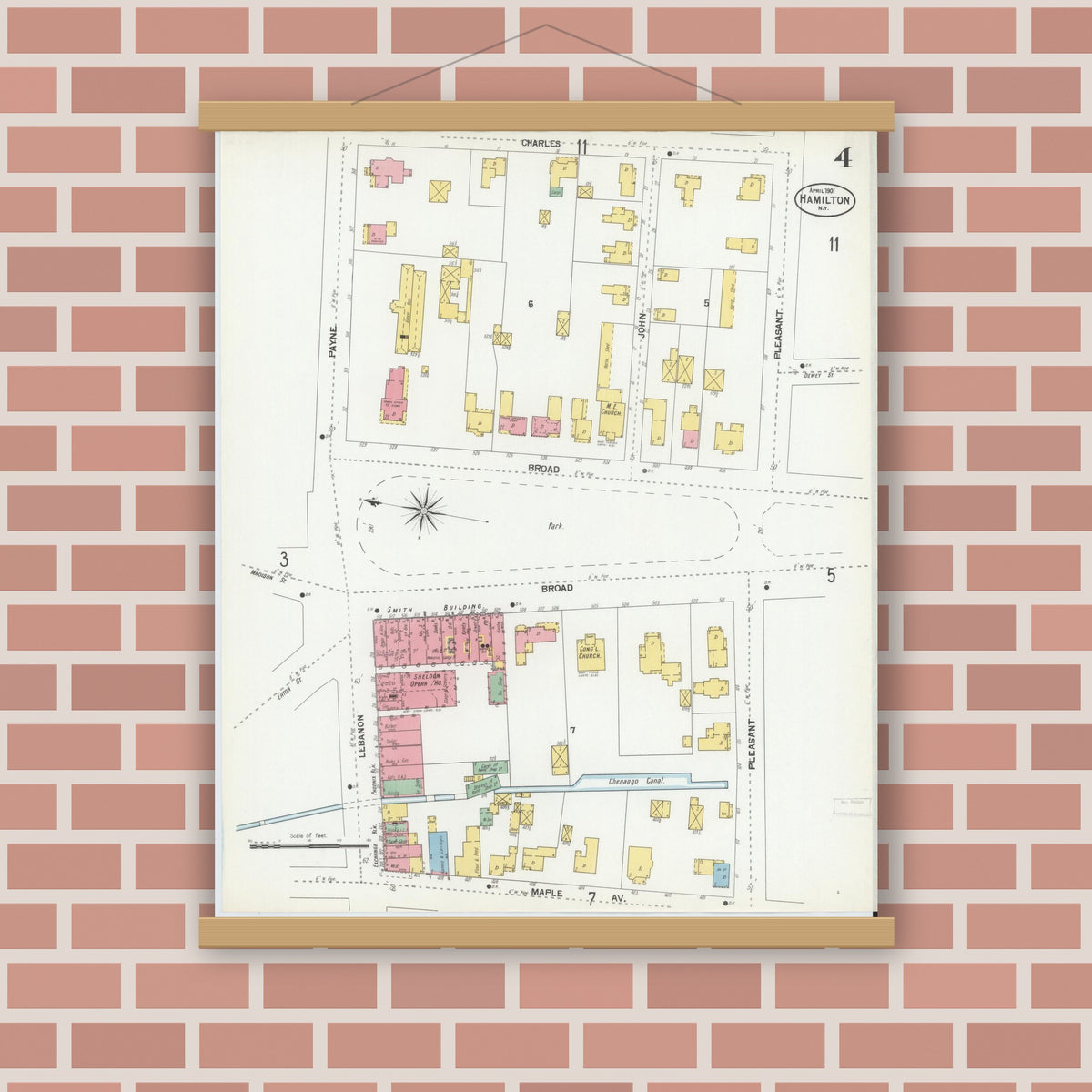 Old map wall art mockup — magnetic wood frame on brick wall — Sanborn Fire Insurance Map from Hamlin, Monroe County, New York (1914), Sheet #0001