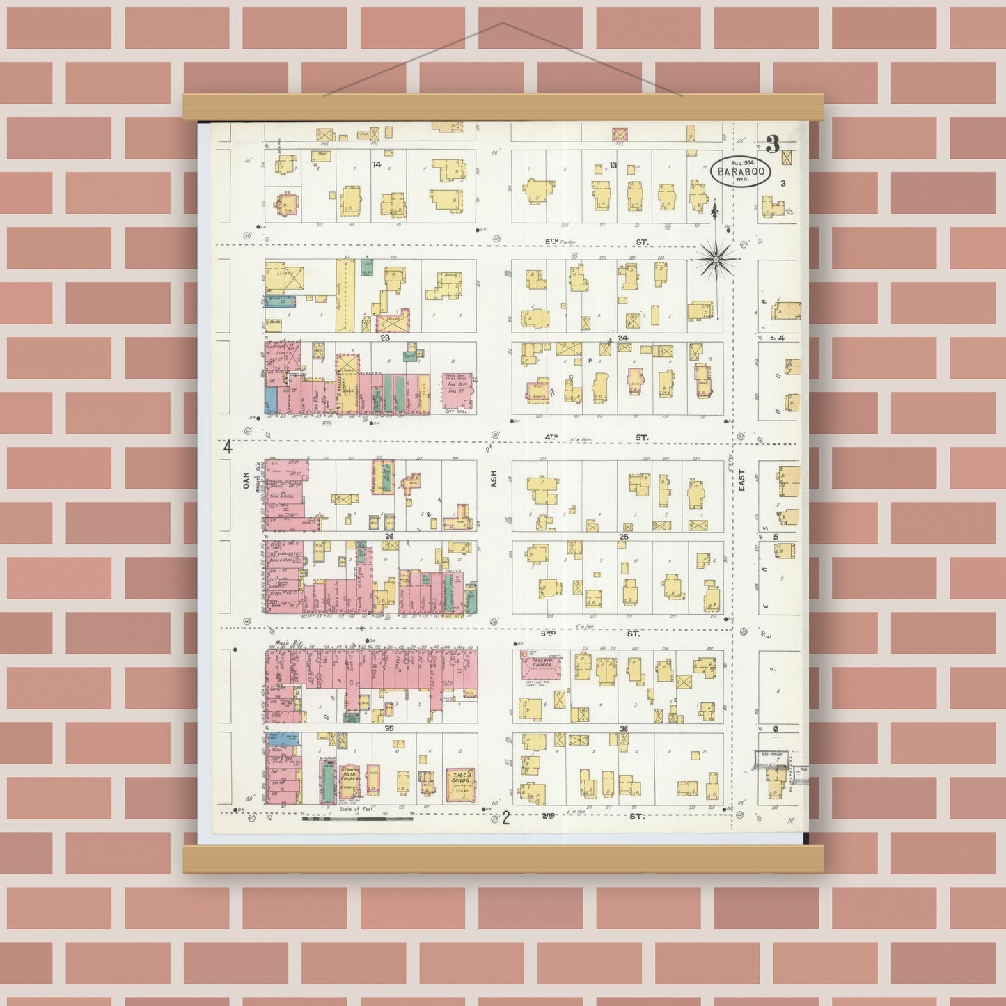 Old map wall art mockup — magnetic wood frame on brick wall — Sanborn Fire Insurance Map from Baraboo, Sauk County, Wisconsin (1904), Sheet #0003