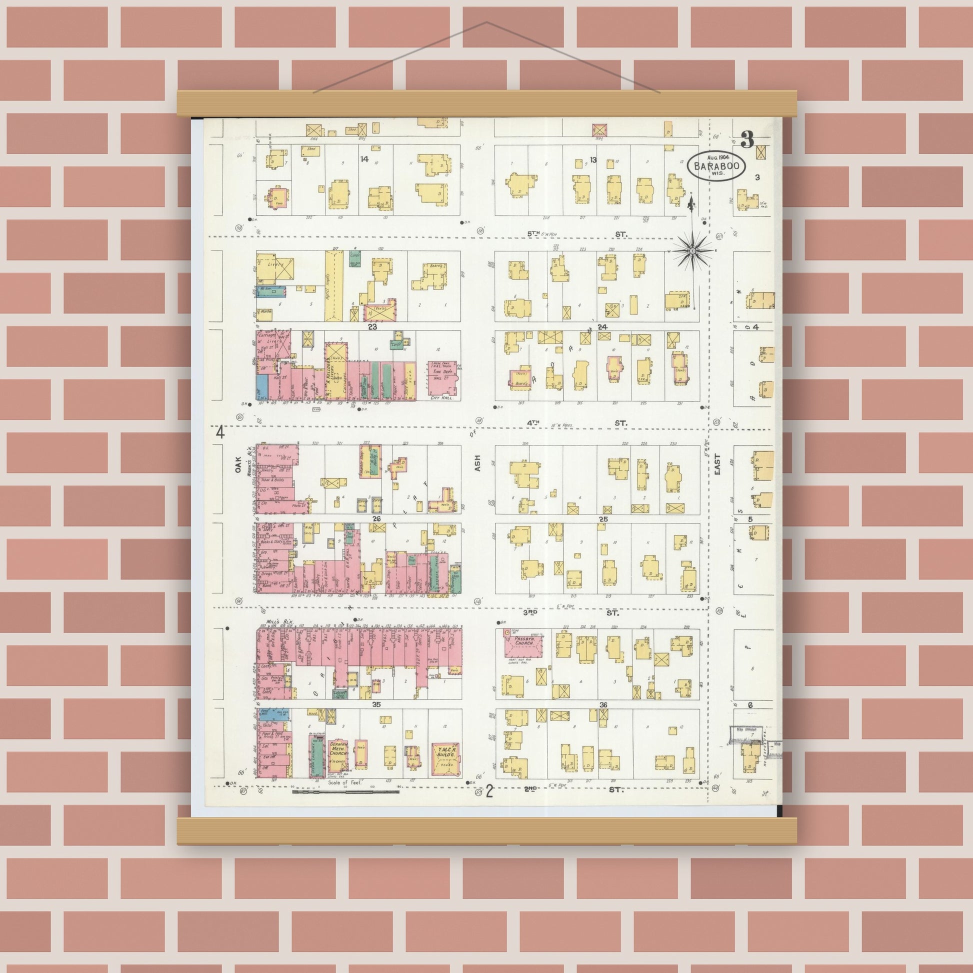Old map wall art mockup — magnetic wood frame on brick wall — Sanborn Fire Insurance Map from Baraboo, Sauk County, Wisconsin (1904), Sheet #0003