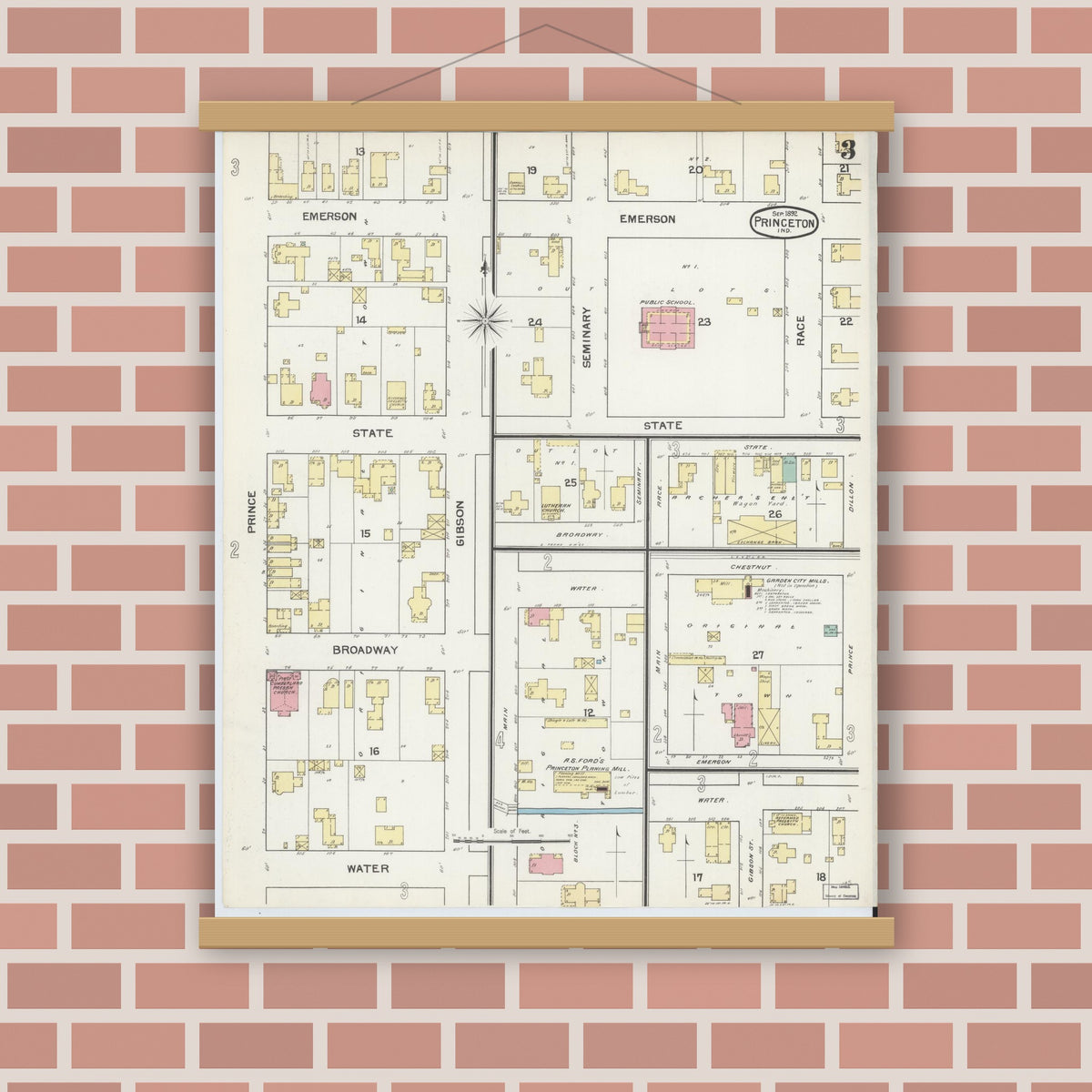 Old map wall art mockup — magnetic wood frame on brick wall — Sanborn Fire Insurance Map from Princeton, Gibson County, Indiana (1892), Sheet #0003