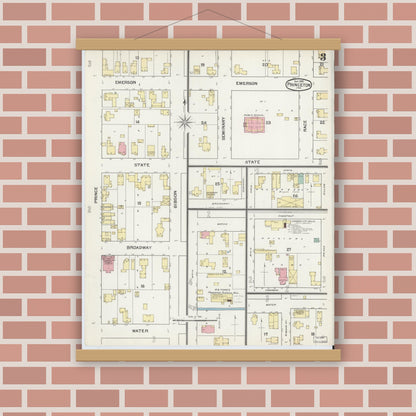 Old map wall art mockup — magnetic wood frame on brick wall — Sanborn Fire Insurance Map from Princeton, Gibson County, Indiana (1892), Sheet #0003