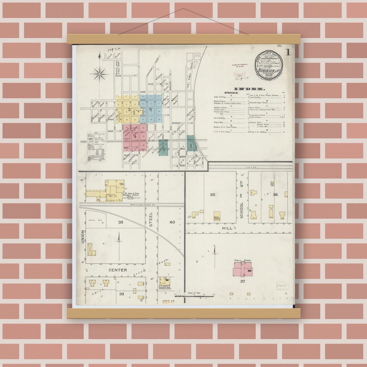 Old map wall art mockup — magnetic wood frame on brick wall — Sanborn Fire Insurance Map from Robinson, Crawford County, Illinois (1894), Sheet #0001