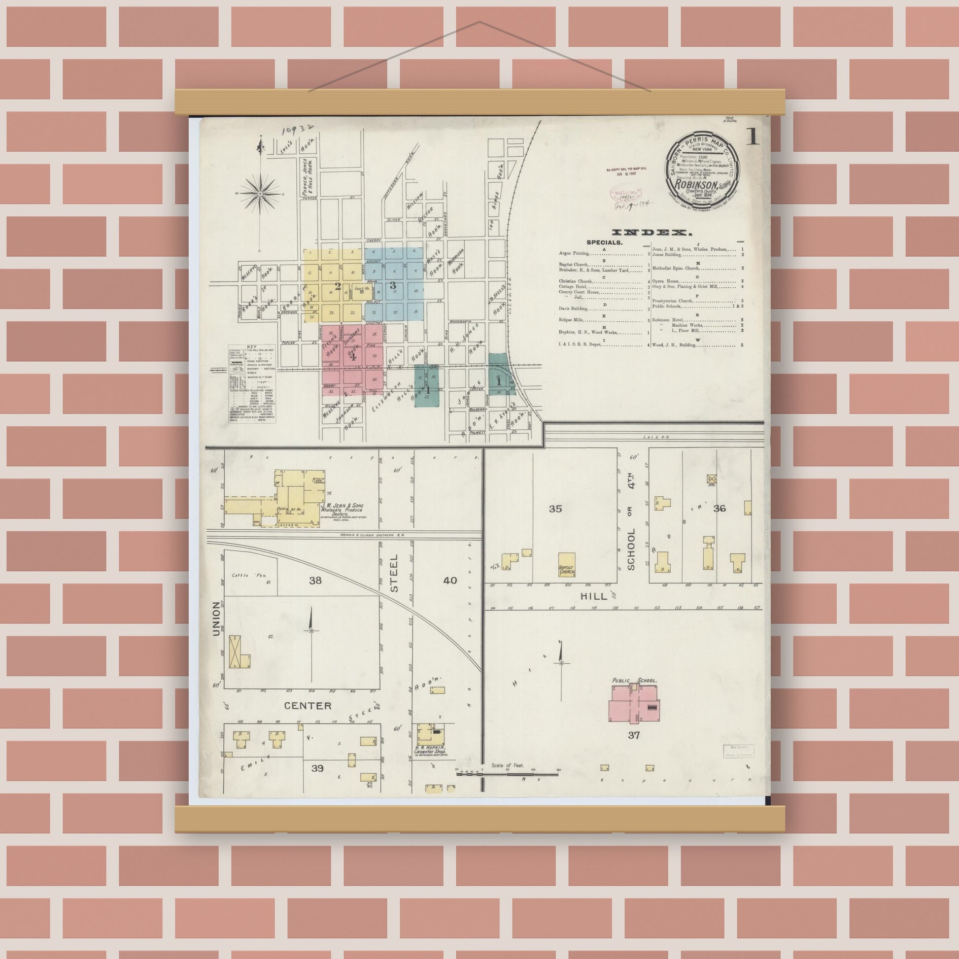 Old map wall art mockup — magnetic wood frame on brick wall — Sanborn Fire Insurance Map from Robinson, Crawford County, Illinois (1894), Sheet #0001