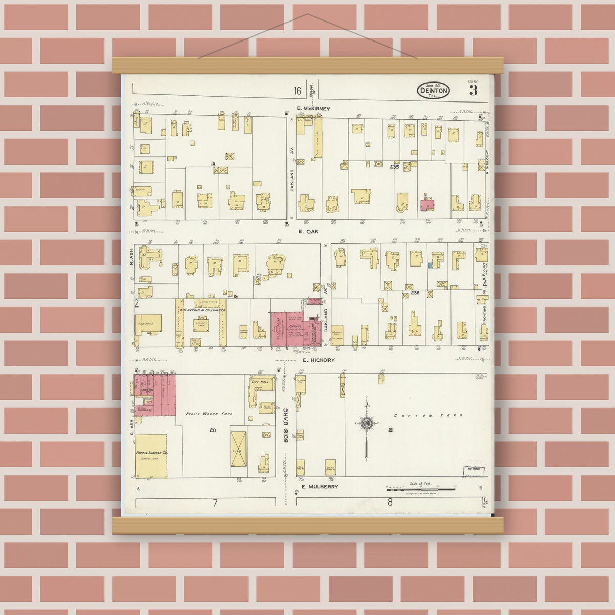 Old map wall art mockup — magnetic wood frame on brick wall — Sanborn Fire Insurance Map from Denton, Denton County, Texas (1921), Sheet #0003