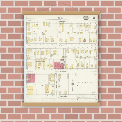 Old map wall art mockup — magnetic wood frame on brick wall — Sanborn Fire Insurance Map from Denton, Denton County, Texas (1921), Sheet #0003