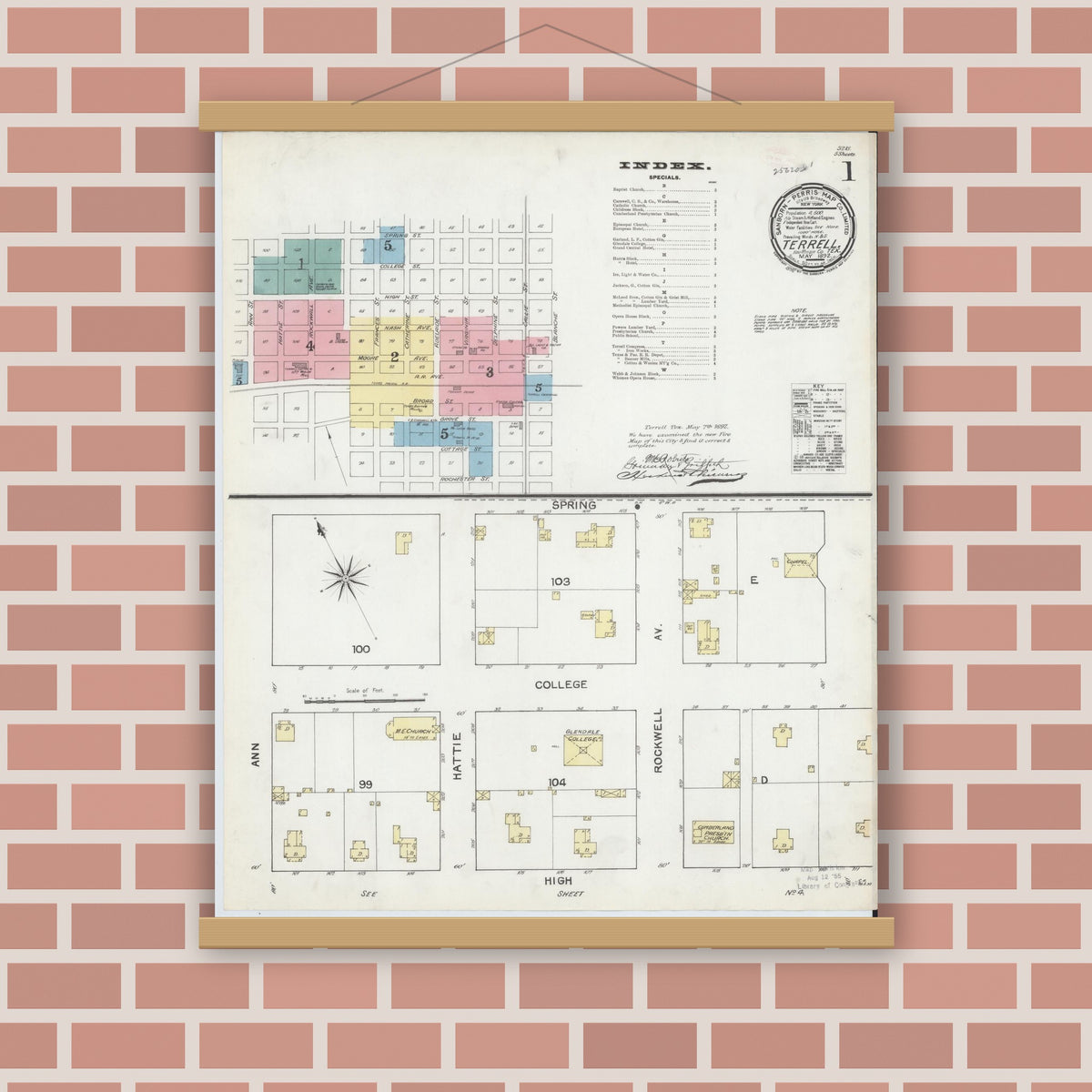 Old map wall art mockup — magnetic wood frame on brick wall — Sanborn Fire Insurance Map from Terrell, Kaufman County, Texas (1892) - Complete Map Set