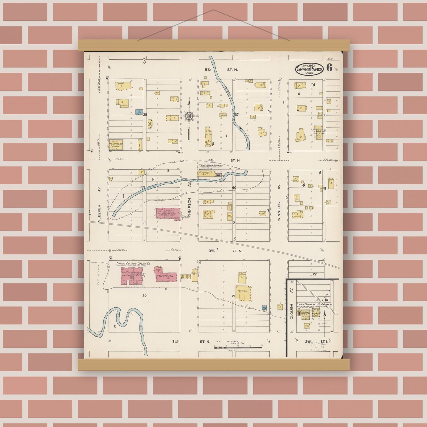 Old map wall art mockup — magnetic wood frame on brick wall — Sanborn Fire Insurance Map from Grand Rapids, Itasca County, Minnesota (1922), Sheet #0006