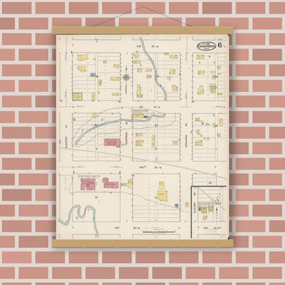 Old map wall art mockup — magnetic wood frame on brick wall — Sanborn Fire Insurance Map from Grand Rapids, Itasca County, Minnesota (1922), Sheet #0006