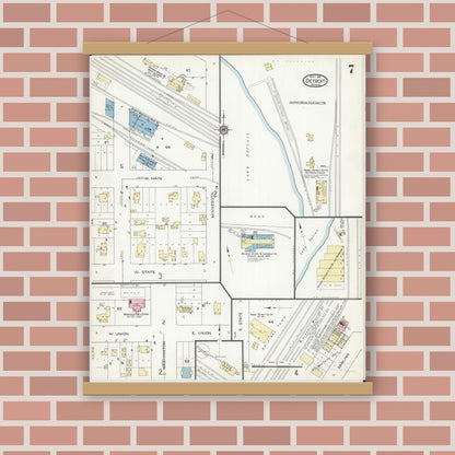 Old map wall art mockup — magnetic wood frame on brick wall — Sanborn Fire Insurance Map from Detroit Lakes, Becker County, Minnesota (1914), Sheet #0007