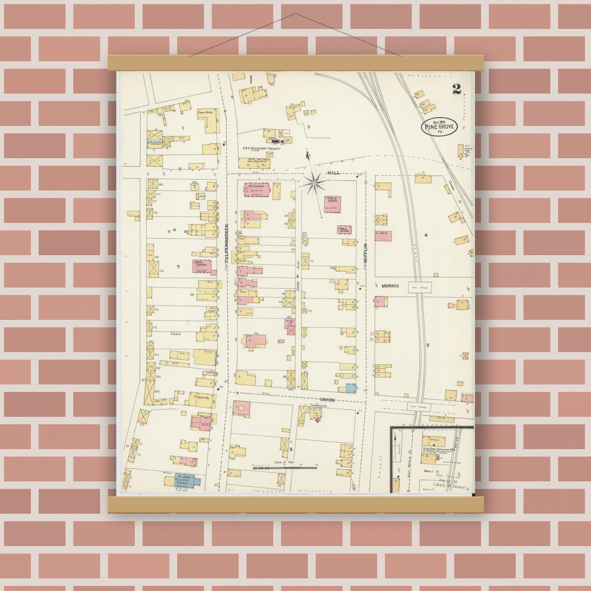 Old map wall art mockup — magnetic wood frame on brick wall — Sanborn Fire Insurance Map from Pine Grove, Schuylkill County, Pennsylvania (1902), Sheet #0002