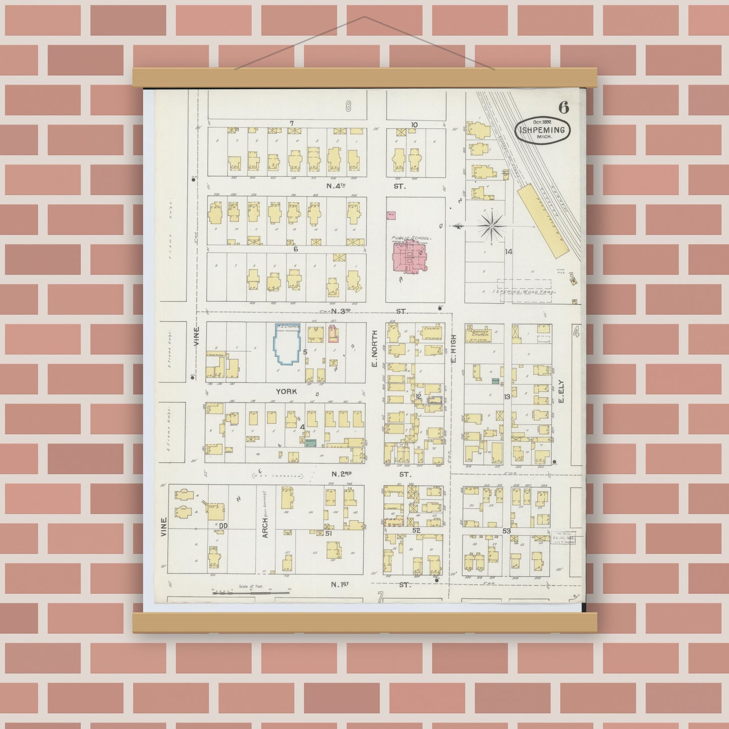 Old map wall art mockup — magnetic wood frame on brick wall — Sanborn Fire Insurance Map from Ishpeming, Marquette County, Michigan (1892), Sheet #0006