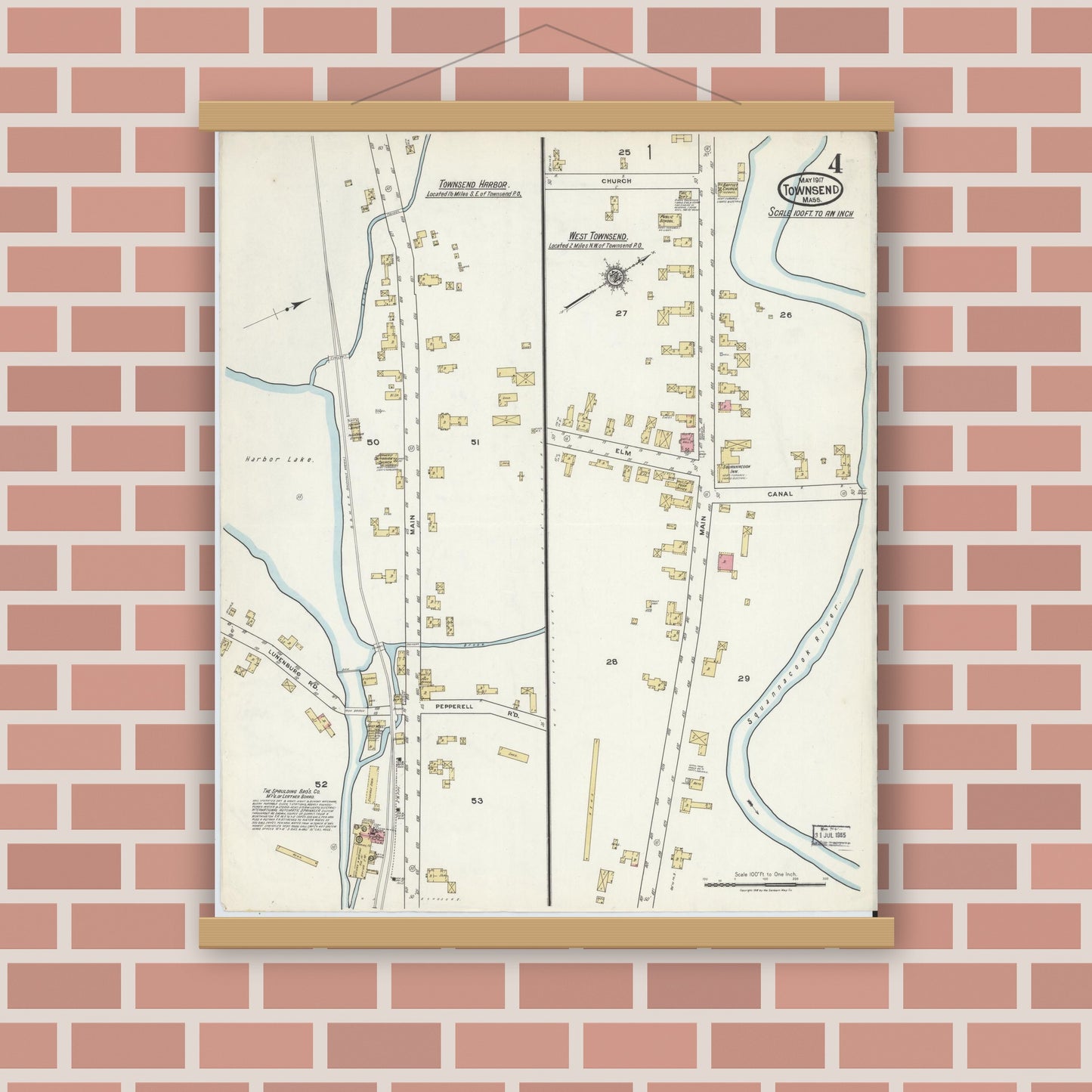 Old map wall art mockup — magnetic wood frame on brick wall — Sanborn Fire Insurance Map from Townsend, Middlesex County, Massachusetts (1917), Sheet #0004