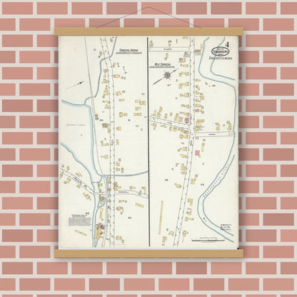 Old map wall art mockup — magnetic wood frame on brick wall — Sanborn Fire Insurance Map from Townsend, Middlesex County, Massachusetts (1917), Sheet #0004