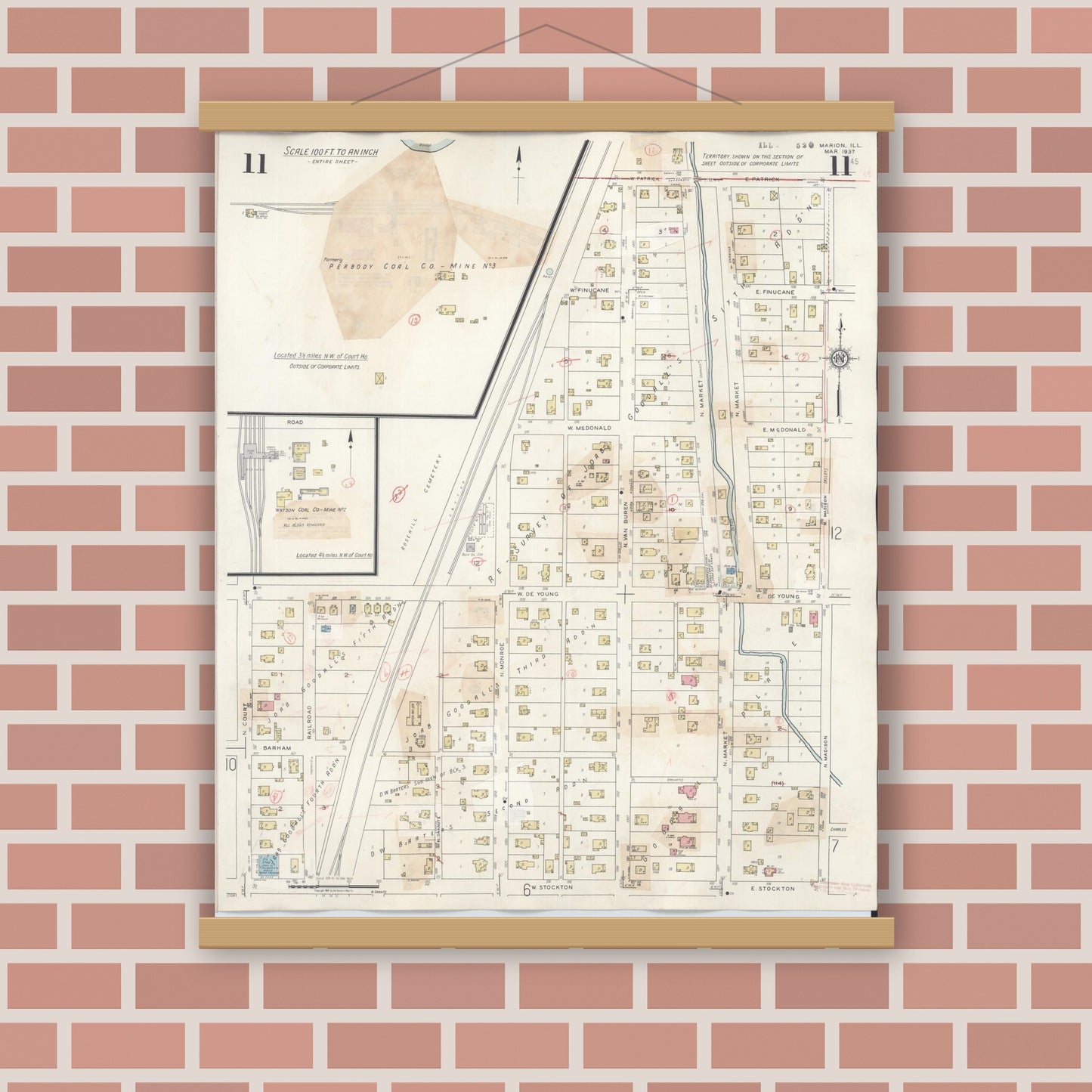 Old map wall art mockup — magnetic wood frame on brick wall — Sanborn Fire Insurance Map from Marion, Williamson County, Illinois (1946), Sheet #0011