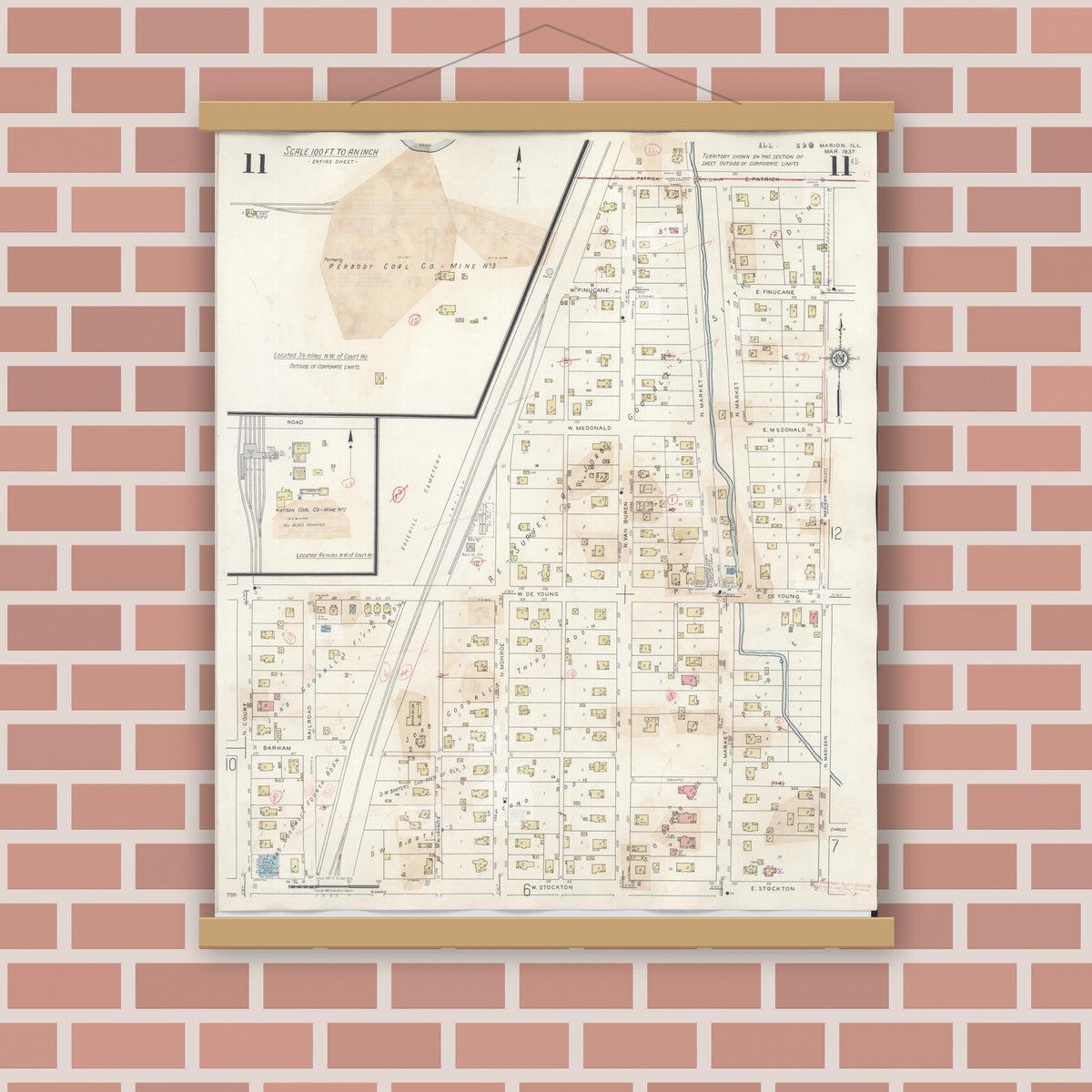 Old map wall art mockup — magnetic wood frame on brick wall — Sanborn Fire Insurance Map from Marion, Williamson County, Illinois (1946), Sheet #0011