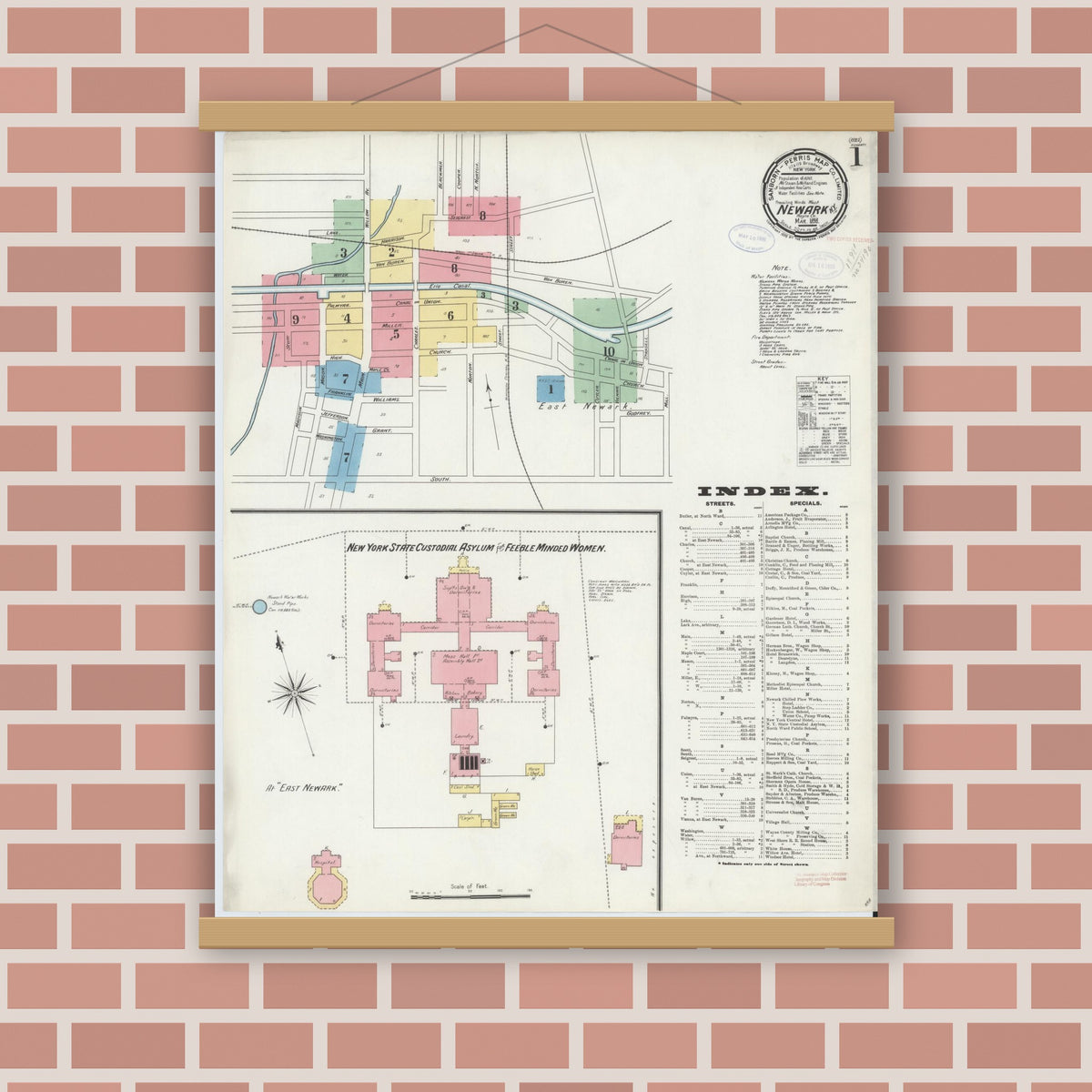 Old map wall art mockup — magnetic wood frame on brick wall — Sanborn Fire Insurance Map from Newark, Wayne County, New York (1898), Sheet #0001