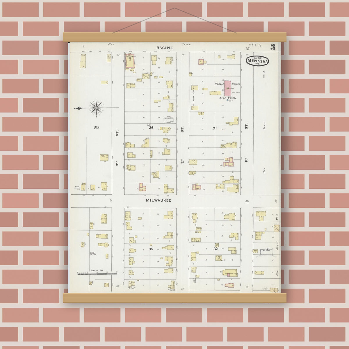 Old map wall art mockup — magnetic wood frame on brick wall — Sanborn Fire Insurance Map from Menasha, Winnebago County, Wisconsin (1891), Sheet #0003