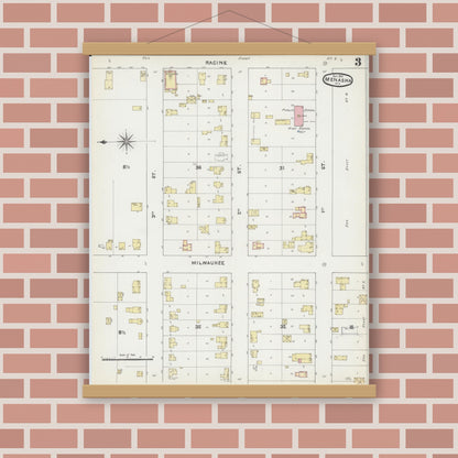 Old map wall art mockup — magnetic wood frame on brick wall — Sanborn Fire Insurance Map from Menasha, Winnebago County, Wisconsin (1891), Sheet #0003