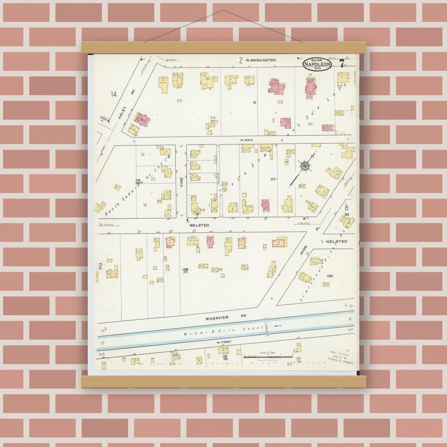 Old map wall art mockup — magnetic wood frame on brick wall — Sanborn Fire Insurance Map from Napoleon, Henry County, Ohio (1916), Sheet #0007