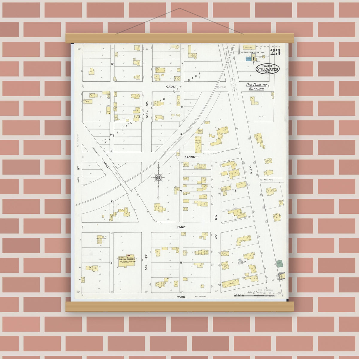Old map wall art mockup — magnetic wood frame on brick wall — Sanborn Fire Insurance Map from Stillwater, Washington County, Minnesota (1910), Sheet #0023
