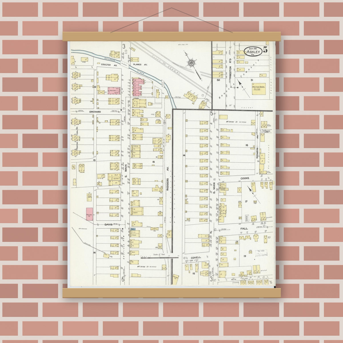 Old map wall art mockup — magnetic wood frame on brick wall — Sanborn Fire Insurance Map from Ashley, Luzerne County, Pennsylvania (1911), Sheet #0005