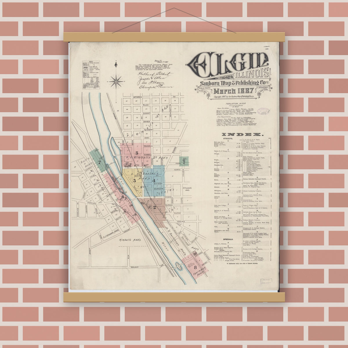 Old map wall art mockup — magnetic wood frame on brick wall — Sanborn Fire Insurance Map from Elgin, Kane County, Illinois (1887), Sheet #0001