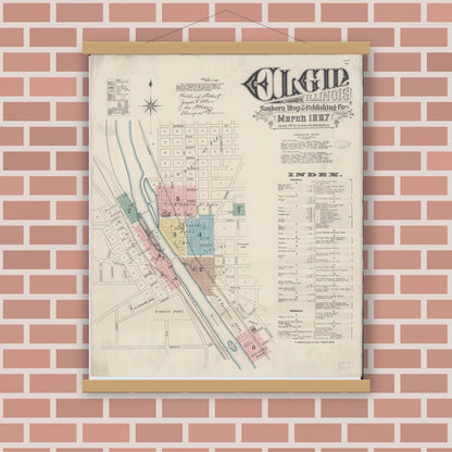 Old map wall art mockup — magnetic wood frame on brick wall — Sanborn Fire Insurance Map from Elgin, Kane County, Illinois (1887), Sheet #0001