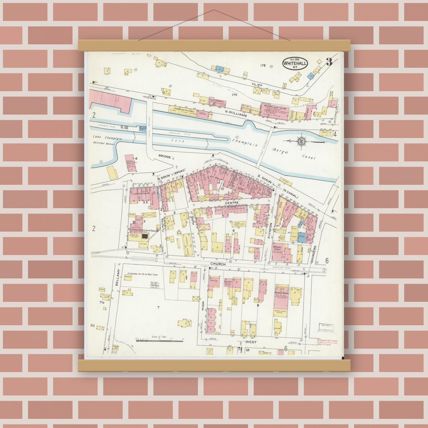 Old map wall art mockup — magnetic wood frame on brick wall — Sanborn Fire Insurance Map from Whitehall, Washington County, New York (1915), Sheet #0003