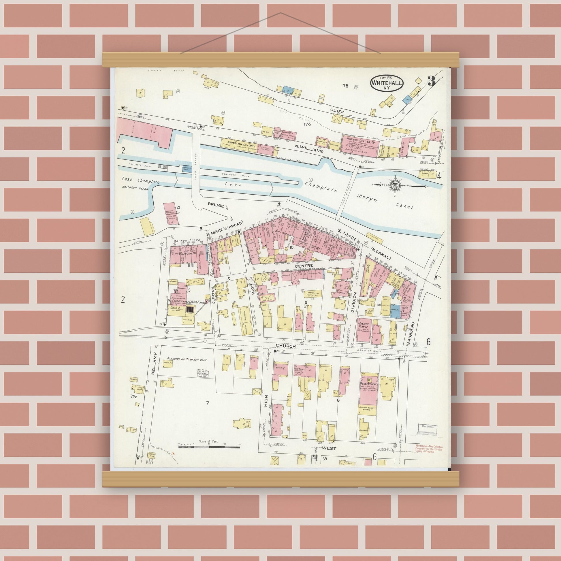 Old map wall art mockup — magnetic wood frame on brick wall — Sanborn Fire Insurance Map from Whitehall, Washington County, New York (1915), Sheet #0003