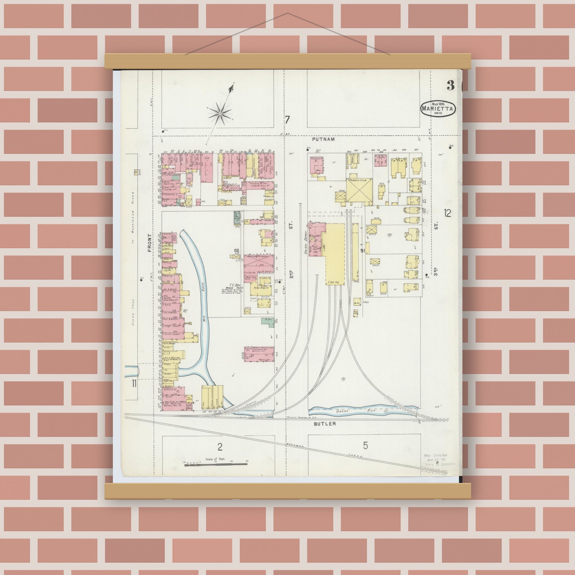 Old map wall art mockup — magnetic wood frame on brick wall — Sanborn Fire Insurance Map from Marietta, Washington County, Ohio (1896), Sheet #0003