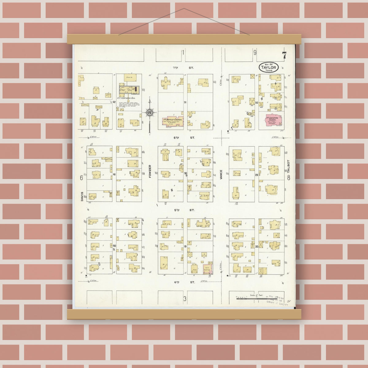 Old map wall art mockup — magnetic wood frame on brick wall — Sanborn Fire Insurance Map from Taylor, Williamson County, Texas (1912), Sheet #0007