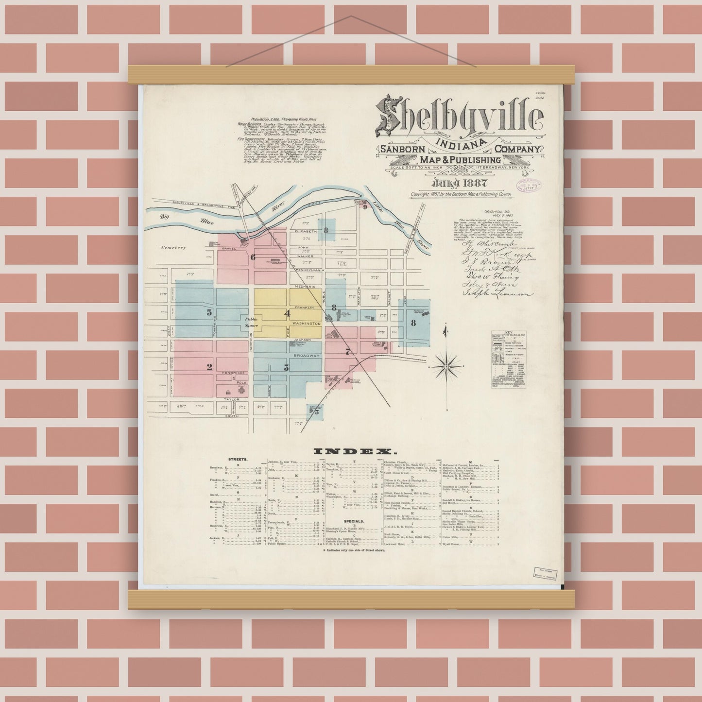 Old map wall art mockup — magnetic wood frame on brick wall — Sanborn Fire Insurance Map from Shelbyville, Shelby County, Indiana (1887) - Complete Map Set