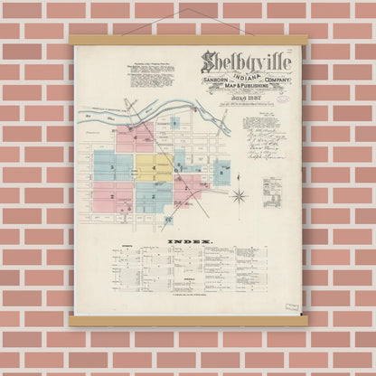 Old map wall art mockup — magnetic wood frame on brick wall — Sanborn Fire Insurance Map from Shelbyville, Shelby County, Indiana (1887) - Complete Map Set