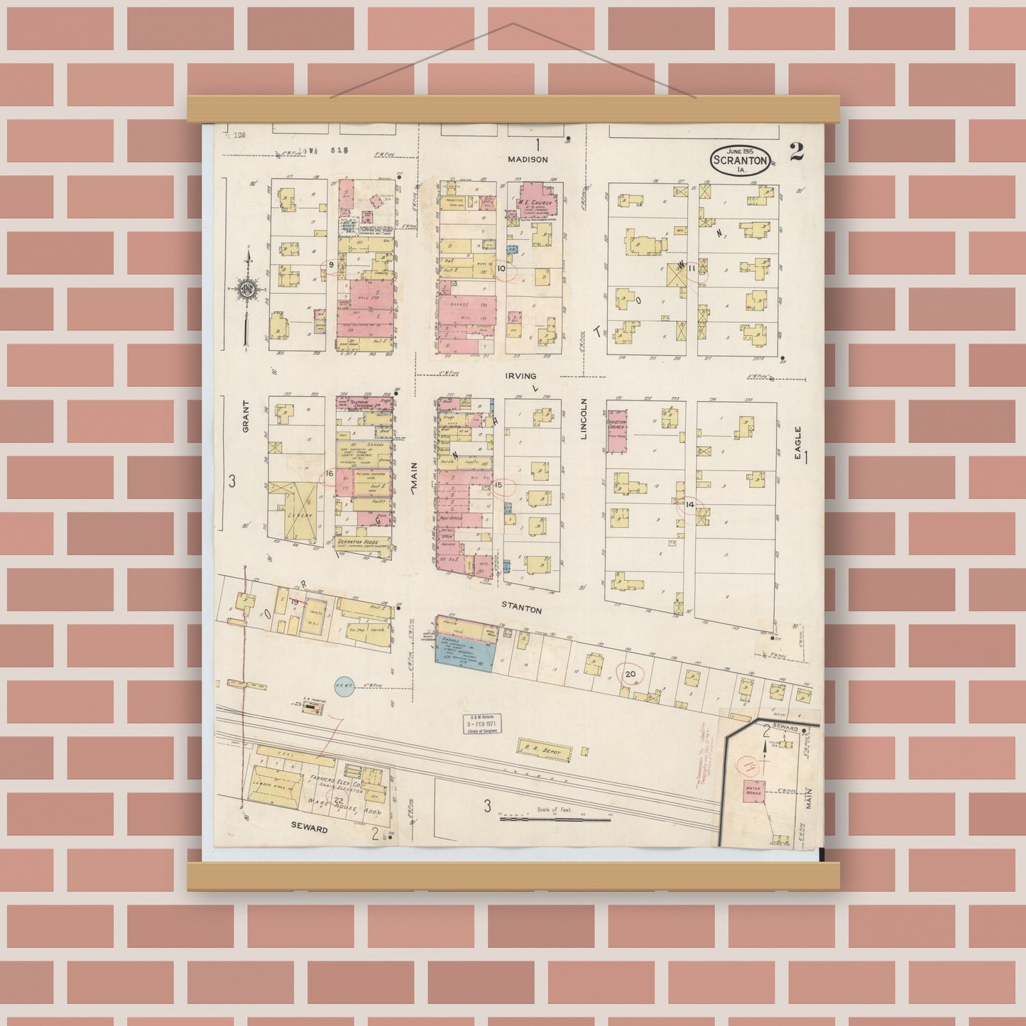 Old map wall art mockup — magnetic wood frame on brick wall — Sanborn Fire Insurance Map from Scranton, Greene County, Iowa (1932), Sheet #0002