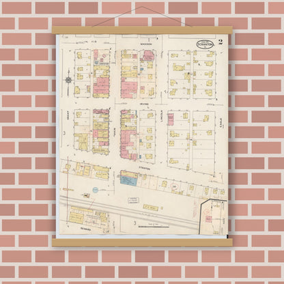 Old map wall art mockup — magnetic wood frame on brick wall — Sanborn Fire Insurance Map from Scranton, Greene County, Iowa (1932), Sheet #0002