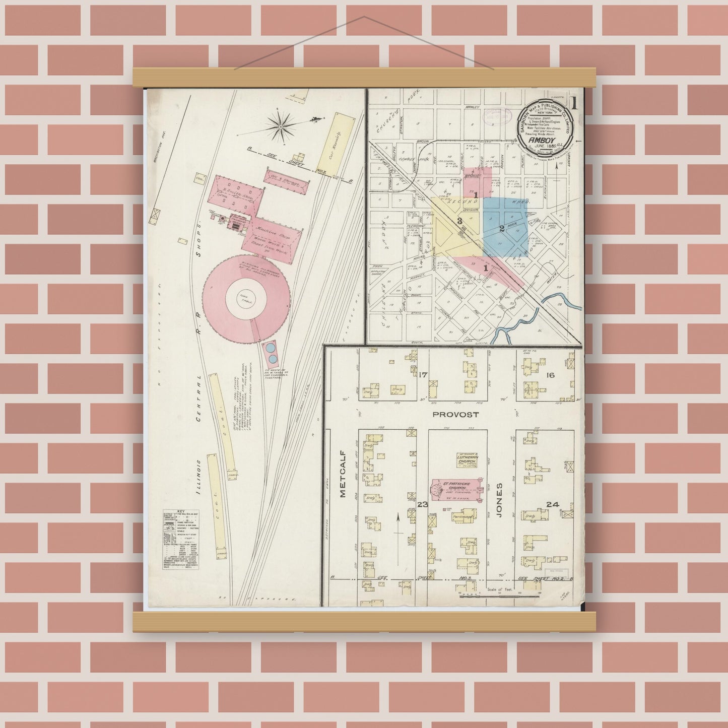 Old map wall art mockup — magnetic wood frame on brick wall — Sanborn Fire Insurance Map from Amboy, Lee County, Illinois (1885), Sheet #0001