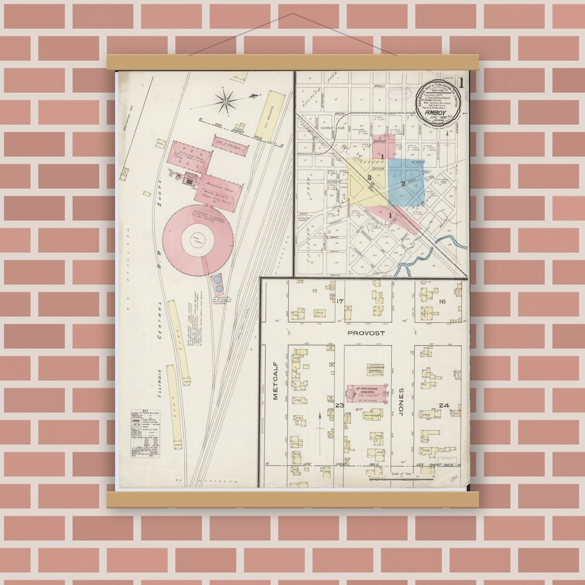 Old map wall art mockup — magnetic wood frame on brick wall — Sanborn Fire Insurance Map from Amboy, Lee County, Illinois (1885), Sheet #0001