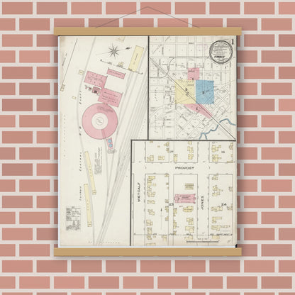 Old map wall art mockup — magnetic wood frame on brick wall — Sanborn Fire Insurance Map from Amboy, Lee County, Illinois (1885), Sheet #0001