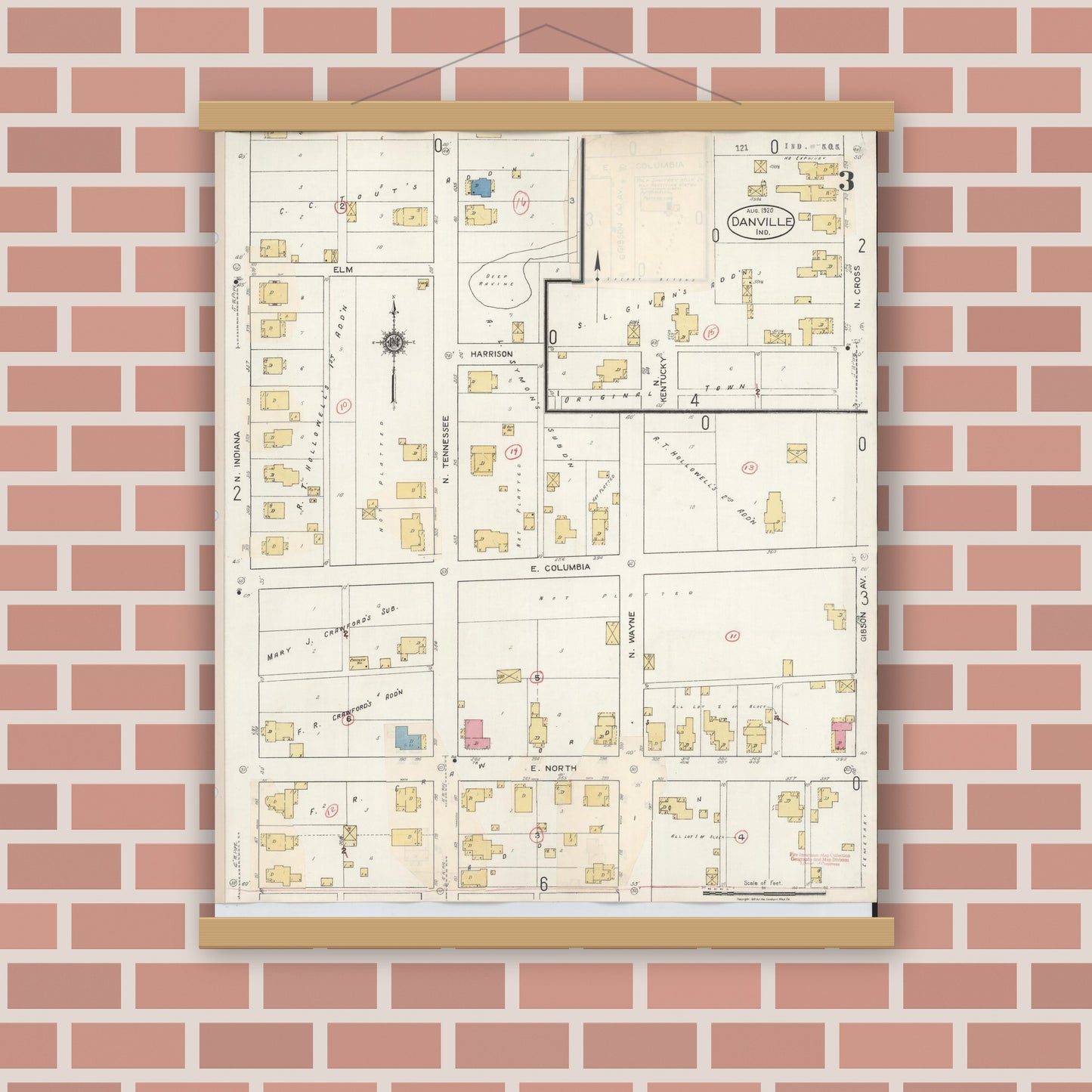 Old map wall art mockup — magnetic wood frame on brick wall — Sanborn Fire Insurance Map from Danville, Hendricks County, Indiana (1932), Sheet #0003